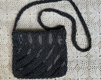 1980s black beaded satchel bag made in Hong Kong