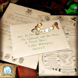 May include: A collection of cream-coloured parchment papers featuring a Hogwarts acceptance letter addressed to Mr. H. Potter, a school supply list, and a banner labelled Pack A. The text is printed in black and green ink with decorative crests.