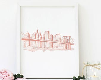 Rose Gold New York Skyline Printable // NYC Skyline Sketch // Wanderlust Home Decor // Instant Download