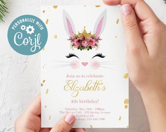 Editale Cute Bunny Birthday Invitation // Printable Rabbit Birthday Party Invitation // Flowers & Crown Invitation // Edit With CORJL