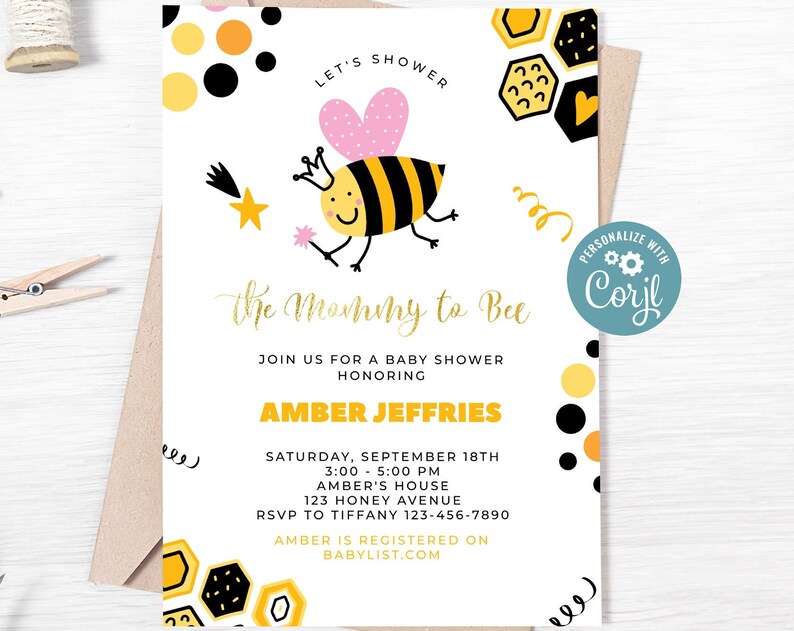 Editable Lets Shower the Mommy to Bee Baby Shower Invitation Printable Honey Bee Baby Shower Invitation Edit With CORJL