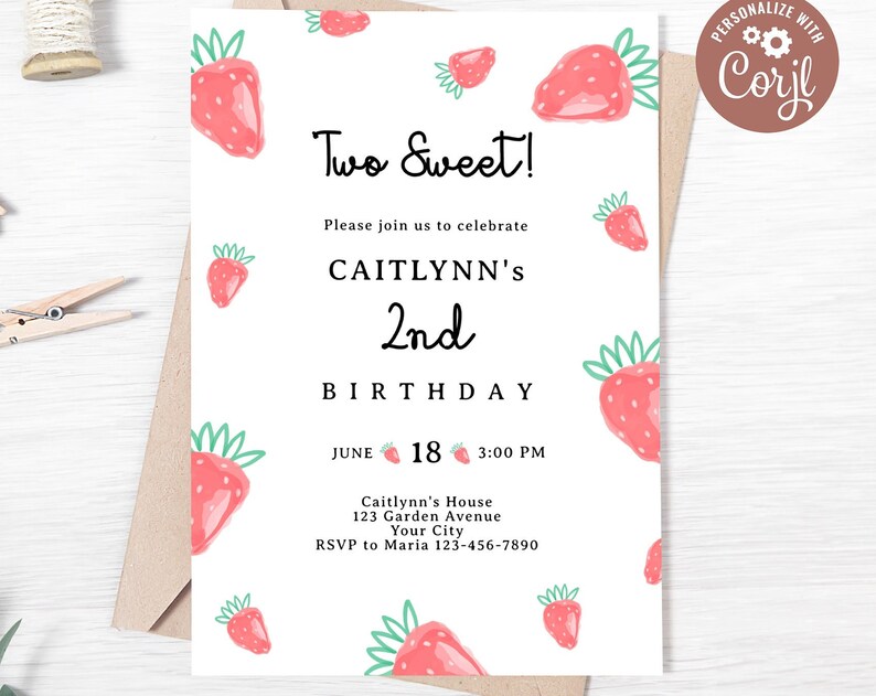 Editable Two Sweet Birthday Invitation Printable Strawberry Second Birthday Invitation