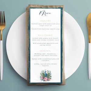 Menu de mariage paon bohème | Faire-part de mariage imprimable paon bohème | Modell der Ehe veränderbar | PFAU01