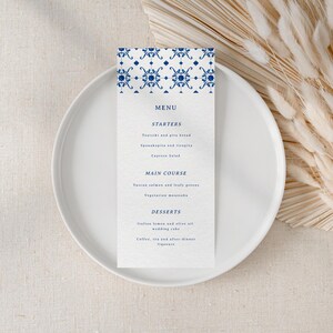 Menu de mariage en carreaux italiens | Menu de mariage imprimable bleu d'été | Modèle de menu de mariage de plage modifiable | SANTORIN01