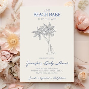 Invito côtière bleue de baby shower / Palmiers tropicaux / Faire-part modificable et imprimable pour mariage sur la plage / BEACHCLUB01