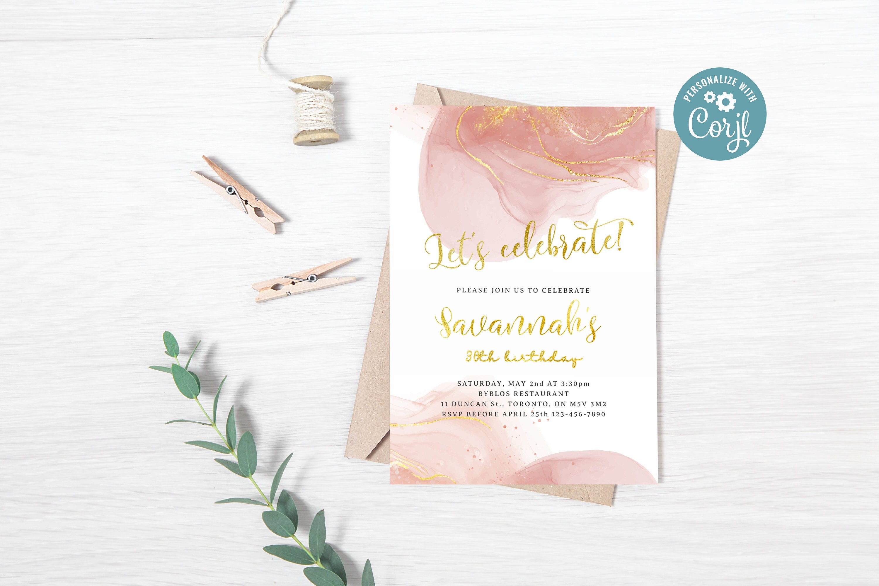 Editable Pink &amp; Gold Birthday Invitation // Printable - Etsy