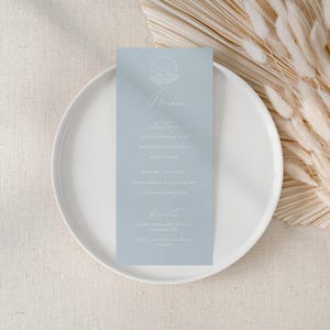 Menu de mariage coquillage bleu côtier | Faire-part de mariage sur la plage imprimable | Modèle de menu de mariage modifiable | CALI01