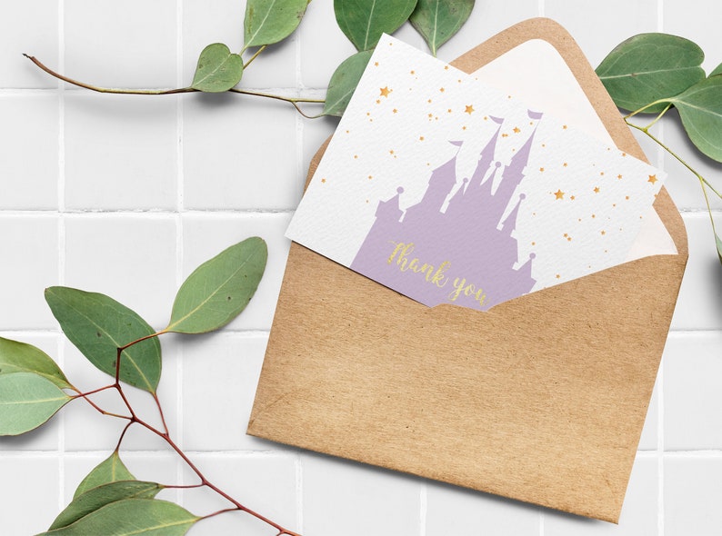 Purple Disney Castle Thank You Card Printable Birthday Party Thank You Card Baby Shower Thank You Card