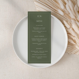 Menu de mariage olive avec monogramme | Faire-part de mariage vert olive imprimable | Modèle de menu de mariage modifiable | OLIVE01