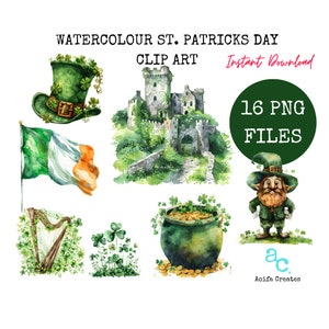 Watercolor St. Patrick&#39;s Day Clipart Bundle: Irish PNG Graphics (Commercial Use)