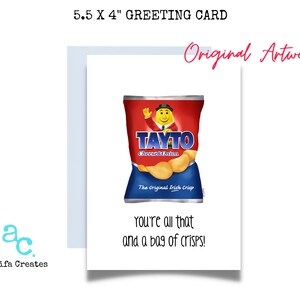Carte de voeux : carte de voeux Irish Chips, carte d'encouragement, voiture de voeux vierge, pour elle, pour lui, tout cela et un sac de chips, un sac de chips