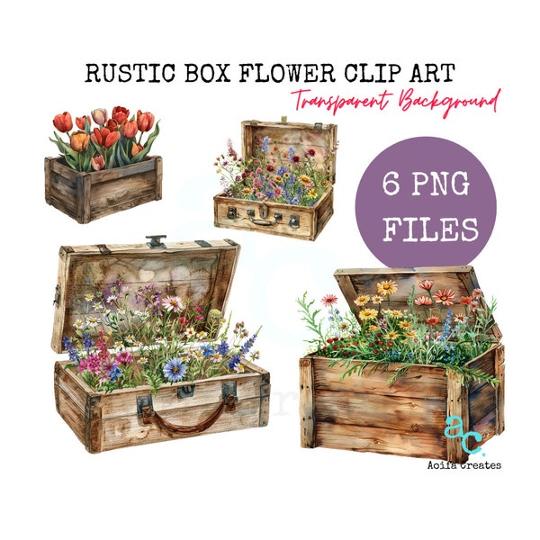 Flowers in Rustic Box Clipart Bundle - Commercial Use Included, wildflower clipart, watercolor clipart, PNG transparent background, rustic