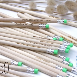 Custom pencils in wood, Pack of 50, green eraser, personalized wedding guests gift, birthday, event, engraved with your text, green gift
