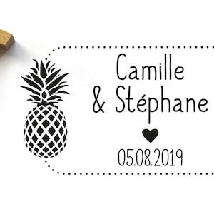 Tampon mariage personnalisé, mariage exotique tropical, tampon personnalisable avec les prénoms et la date du mariage, motif ananas et coeur