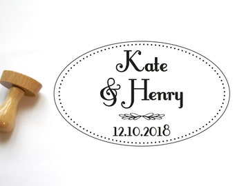 Custom wedding stamp, personalized stamp with names and date, Art Deco Wedding, Gatsby Wedding, Vintage wedding, wooden stamp, oval shape