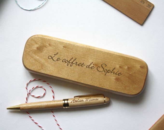 Personalized pen in wooden case, customized bridesmaid, groomsmen Gift, text engraved, custom present for birthday, graduation, wedding