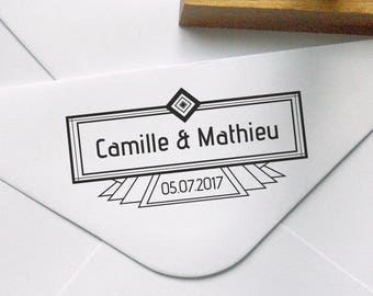 Tampon mariage personnalisé style Art Déco, charleston, personnalisable avec prénoms et date, rétro vintage, belle époque, rectangle 8x4 cm