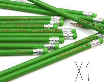 Crayon personnalisé vert avec gomme verte en bois gravé avec votre texte, prénom, échantillon ou cadeau, x1