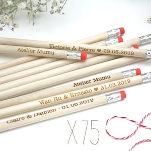 Custom pencils in wood, Pack of 75, pink eraser, personalized wedding guests gift, birthday, event, engraved with your text, custom gift