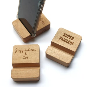 Soporte para teléfono de madera personalizado, grabado con tu texto