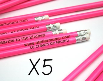 Lot de 5 crayons à papier personnalisés couleur rose fluo, cadeau personnalisable avec votre texte, pour événement EVJF anniversaire