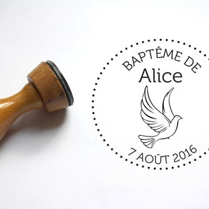 Carimbo de batismo personalizado, personalizável com data do primeiro nome, padrão de pomba redonda, personalização de decoração de caixas dragadas