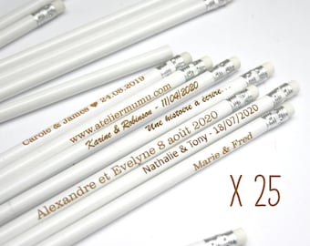 Set di 25 matite personalizzate, regalo ideale per gli ospiti matrimonio, battesimo, comunione, matite di legno bianco, regalo personalizzabile