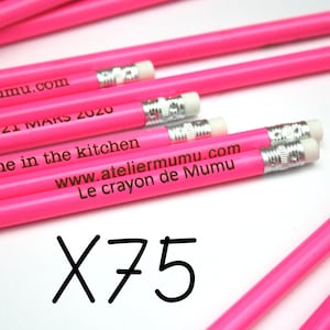 Custom pencils in wood, pink pencils, white eraser, PACK OF 75, personalized guests gift engraved with your text, for party or birthday