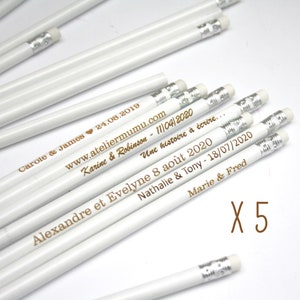 Pack of 5 custom pencils in wood, white color, wedding guest gift, bachelorette party gift, engraved with your text, Personalized gift