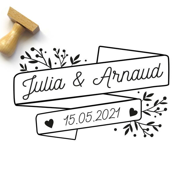 Tampon personnalisé mariage champêtre, avec bannière et motif feuillage, idéal pour les faire-part, 5 x 3 cm, fabriqué sur mesure en France