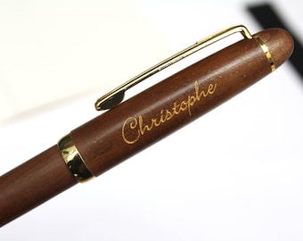 Stylo personnalisé en bois de noyer, marron foncé, texte personnalisable gravé et doré, cadeau unique anniversaire, mariage, noël