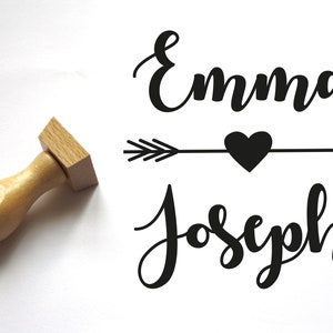 Wedding stamp names, Script Calligraphy, arrow and heart, custom logo stamp for your wedding stationery, to personalize your invitations image 1