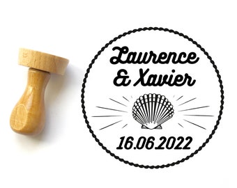 Personalized wedding stamp, ocean style, with shell drawing, personalized with names and date, for your save the date, made in France