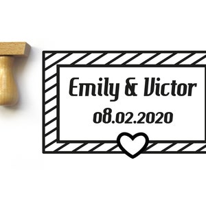 timbro di nozze personalizzabile, rettangolo di legno 5 x 3 cm, per i vostri giochi di parole, inviti, motivi e strisce di cuore, su misura