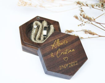 Custom wedding ring box in wood personalized with your text, hexagon shape,