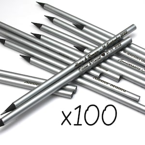 Pack of 100 custom pencils, Silver and black color pencils, personalized guests gift, goodies for your events, birthday party, company