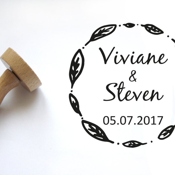 Custom, personalized wedding stamp, personalize your save the date with your names and date, leaf tree, cottage natural style, rond shape