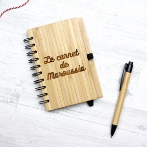 Personalized notebook, custom bamboo cover, gift for birthday, wood engraved with your text, pen inclued