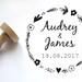 Save the Date wedding Stamp, Invitation, marriage, custom flower round logo personalized, cottage style, with names and date, 2 inches