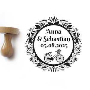 Timbro personalizzato per matrimonio in bicicletta, personalizzazione della busta postale, annuncio con nomi e data