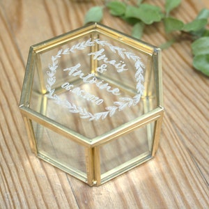 Custom glass and metal wedding ring box, cottage style, hexagon carrier alliance in glass personalized with your text, names and date image 9