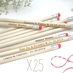 Customs pencils, Pack of 25, in wood, wedding guests gift, personalization with your text engraved, pink eraser, for birthday party, event
