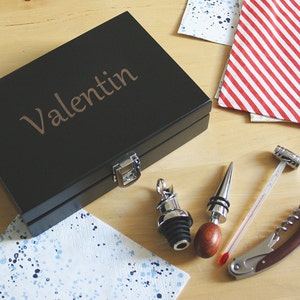 Gepersonaliseerde flesopener, sommelierdoos met gravure, personalisatie van de doos, uniek, origineel cadeau voor wijnliefhebbers