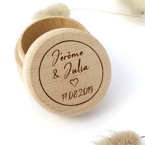 Custom wedding ring box in wood, personalized with your text, names and date, for your wedding decoration