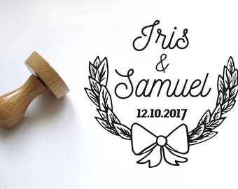 Custom wedding stamp, laurel and bow tie pattern, to personalize your save the date, birth announcement, event, for letters, thank You Cards