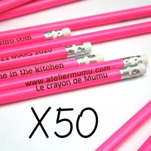 Pack of 50 custom pencils, pink color, guests gift, personalization with your text engraved, custom gift for your company