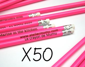 Lot de 50 crayons rose fluo personnalisés, cadeau invités, anniversaire, gravés avec votre texte, goodies pour votre entreprise ou marque