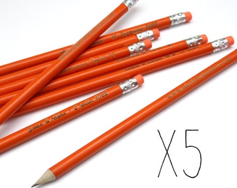 Lot de 5 crayons à papier personnalisés oranges en bois avec gomme orange, cadeau personnalisable pour invités, mariage