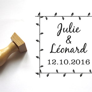 Custom Wedding stamp with your names and date, cottage style, flowers leaves pattern, square shape