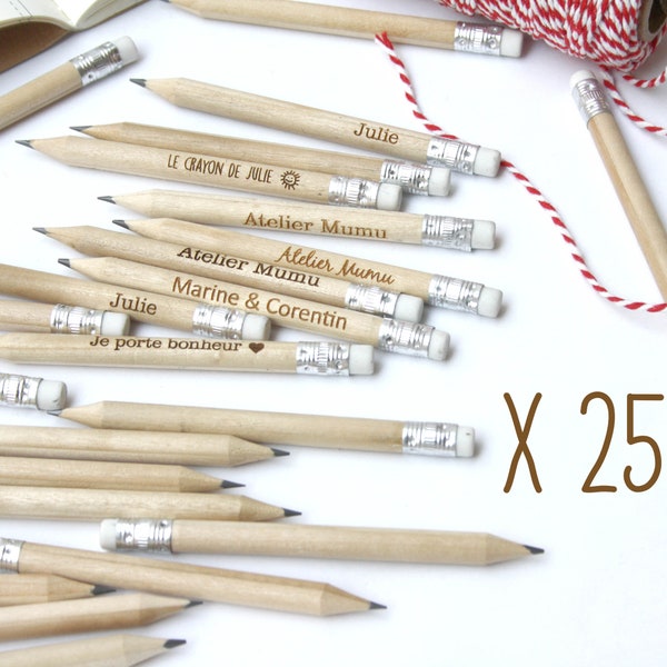 Lot de 25 mini crayons à papier personnalisés avec la gravure de votre texte, noms, prénoms, cadeau invité idéal mariage, save the date X 25